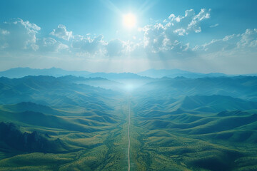 Obraz premium Sweeping drone shot over the richly textured mountain ranges bathed in sunlight. AI generated.