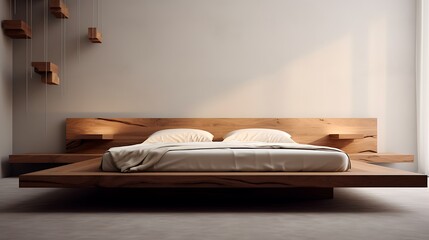 A sleek wooden bed frame with a floating design, giving the illusion of weightlessness in a modern bedroom