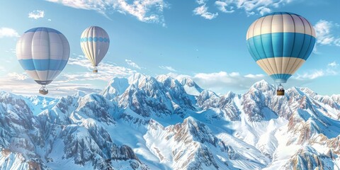 Three hot air balloons float in the azure sky above snowy mountains