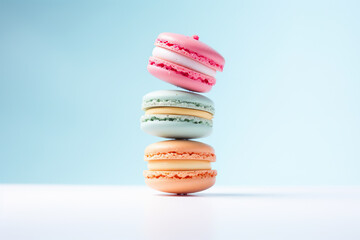 Colorful Macarons Stacked in a Balanced Assortment Against a Blue Background