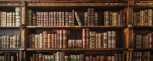 A large wooden bookshelf filled with old books.