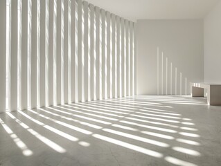 Naklejka premium Bright sunlight casting dramatic shadows in a spacious, white, modern interior.