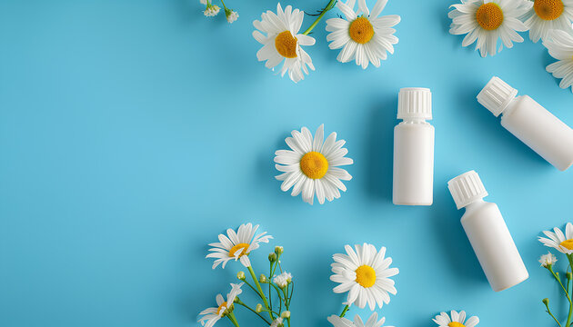 Asthma inhalers with daisy flowers on blue background