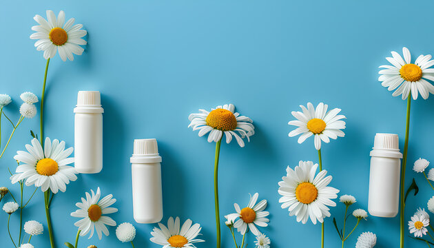 Asthma inhalers with daisy flowers on blue background