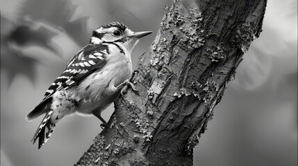   A black-and-white image of a woodpecker perched on a tree branch