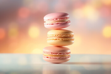 Delicious Stack of Colorful Macarons on Reflective Surface with Blurred Background