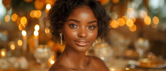 Beautiful African-Senegalese woman, stunningly beautiful face, unblemished perfect skin with soft blended metalic make-up, smiling flirty expression, table at an opulent wedding, Golden-Lighting