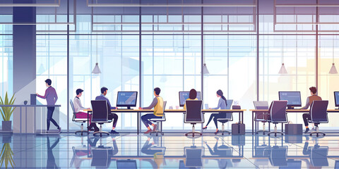 Modern office environment with employees working at desks. Business office, startup or tech company concept. Digital illustration of diverse workers in an open space setting with large windows and urb