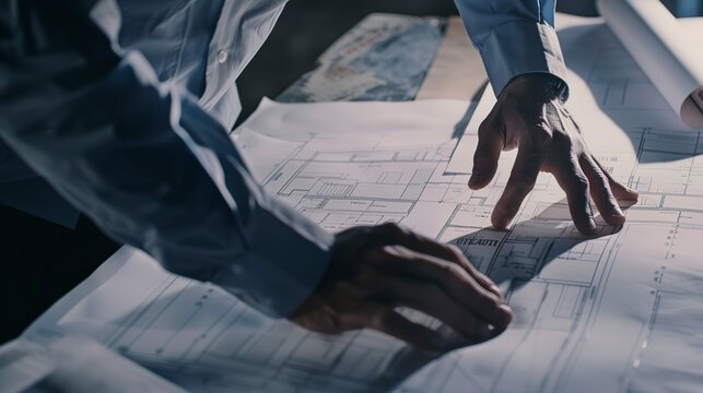 Close-up of a civil engineer analyzing architectural plans, detailed view of blueprint, soft overhead light. 