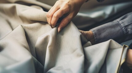 Close-up of a textile inspector checking fabric texture, precise detail, natural light, color accuracy.