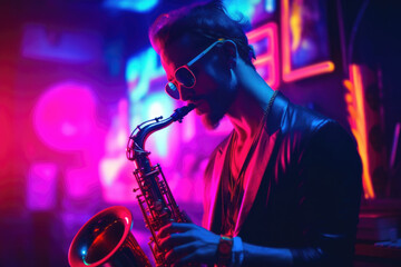 A man passionately plays a saxophone in a dimly lit room, showcasing his musical talent and love for jazz music