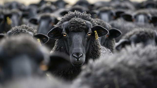 Close-up portrait of a black sheep standing out among a flock of sheep, focusing on themes of uniqueness and individuality within a group