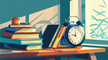 Alarm clock and books on table closeup Vector style Vector