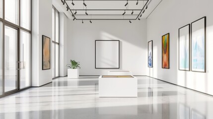 An art gallery with beautiful paintings displayed on minimalist white walls. Generative AI hyper realistic 