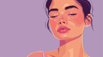 Allergic young woman with sunburned skin on lilac background