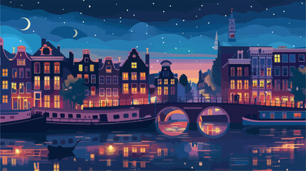 Amsterdam traditional houses night view with bridge c