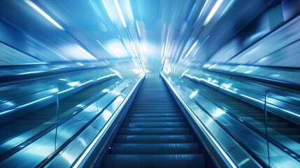 Obraz premium blurred background metro escalator / light blue background movement city infrastructure subway hyper realistic 