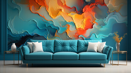 Relaxing on my blue couch, surrounded by the dreamy abstract artwork of this mesmerizing wall mural. ️