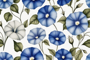 Summer background of hand drawn nature motifs and cute blue morning glory flowers in watercolor style.