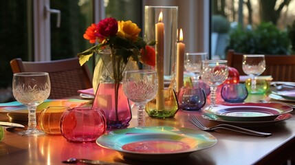 Table setting for catering with multicolour  dishes,  vase of flowers and candles as the main decor items