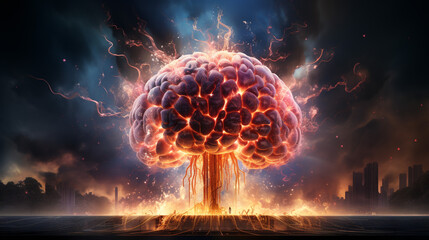 Witness the mesmerizing concept art of a human brain exploding with knowledge.,Nuclear war illustration / Atomic Bomb Explosion / Mass Extinction