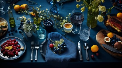 A table is topped with plates of various fruits and colorful flowers, creating a festive and inviting setting