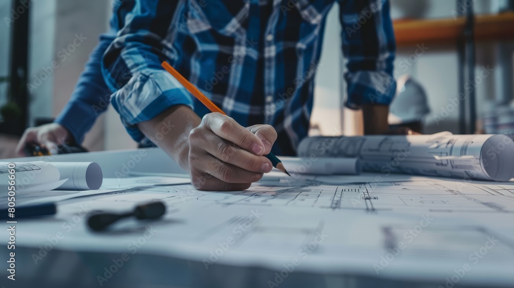 Poster close up of architects working on blueprints hyper realistic