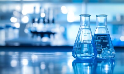 Water in beaker and flask glass in chemistry blue science laboratory background