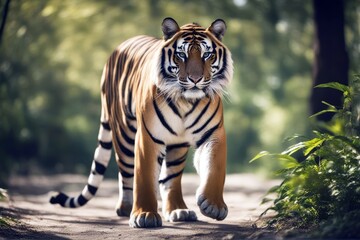 eyes walking tiger altaica tigris panthera staring aggressive aggressor angry beast big body cat...