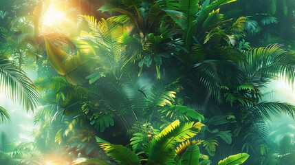 Obraz premium A verdant woodland brimming with abundant foliage, bathed in golden beams from above