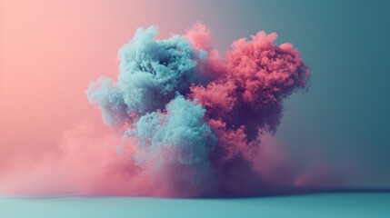 Fototapeta premium Blue red pastel powder exploding cloud shaped with blue floor background. 3D powder cloud pastel wallpaper