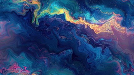  A vibrant abstract artwork featuring blue, yellow, and pink hues against a deep blue backdrop and a celestial sky filled with sparkling stars