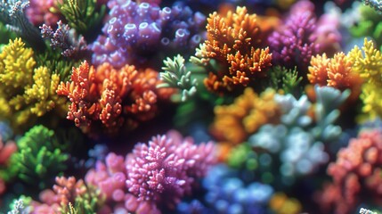   A macro shot of colorful coral clusters adorned with water bubbles above