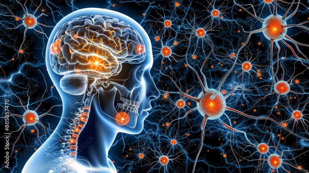 Poster detailed 3d microbiology render of neurons with ample text space, exploring nerve cell intricacies
