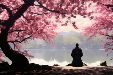 Morning Meditation: A serene scene with a lone figure practicing meditation under a blossoming cherry tree.