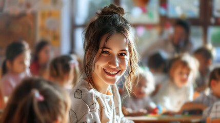 Preschool kindergarten happy young pretty teacher woman with a Little children indoors. teacher with group of children in playroom. Learning and play. Banner - obrazy, fototapety, plakaty
