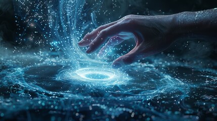 First contact, with hand touching spinning vortex of light particles, neuronal network concept hyper realistic 