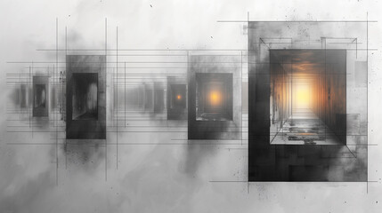 an abstract pencil drawing background with a radiant glow of light, a series of gray concrete-like structures with squared openings, forming a deep perspective
