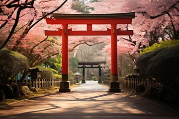 Torii Gate Entrance: A classic torii gate at the entrance of the garden, framing the cherry...