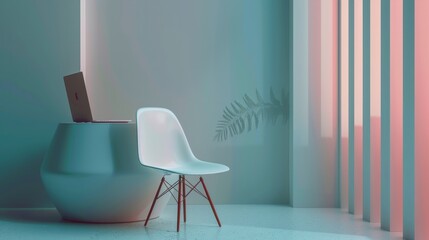 Laptop and chair next to an abstract background hyper realistic 