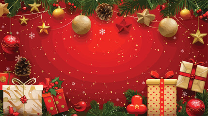 Banner with Christmas gifts and decor on red background