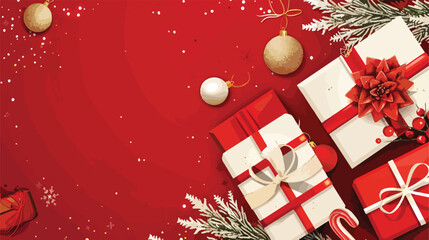 Banner with Christmas gifts and decor on red background