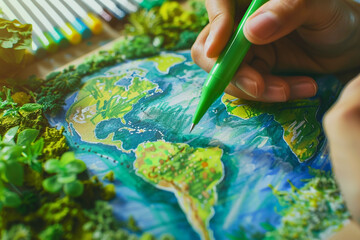 Designing a greener future hands sketching an eco-friendly world with green markers  