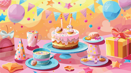 Birthday gift with cake plates and cups on color background