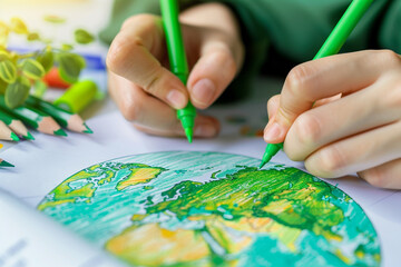 Designing a greener future hands sketching an eco-friendly world with green markers  