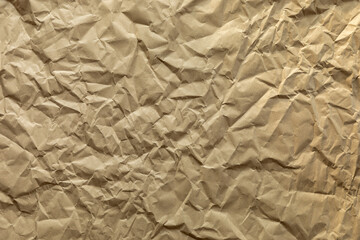 A detailed view of a sheet of crumpled brown recycled wrapping paper. Abstract texture for background.