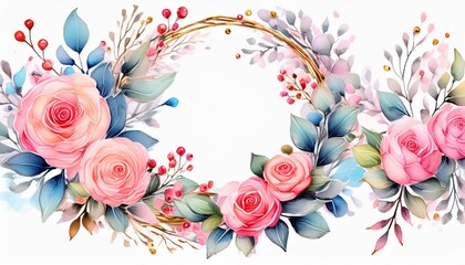 Wreaths, floral frames, watercolor flowers pink roses, Illustration hand painted. Isolated on white background. Perfectly for greeting card design.