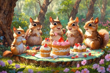 A group of cute little squirrels are sitting around a table with a cake