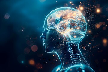 Digital Human Profile and Brain Circuit. An artistic portrayal of AI with a side profile of a human head infused with a digital brain circuit on a tech-themed backdrop, Technology Concept.