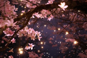 Firefly Evening: Cherry blossoms illuminated by the soft glow of fireflies in the evening.